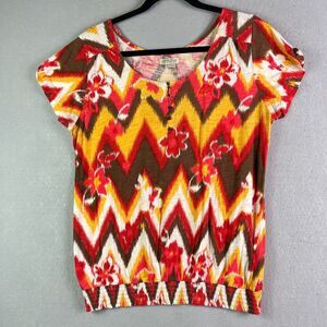 Lucky Brand Top  Womens L Pullover Red Yellow Floral Metal Buttons Elastic Hem